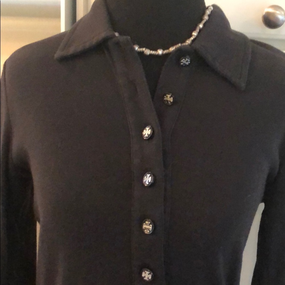 Tory Burch black cotton 3/4 length sleeve polo